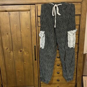 POL Gray Leopard Print Pants with Lace Detail